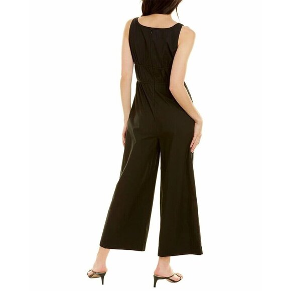 REBECCA TAYLOR Black Cotton Poplin Square Neck Wide Leg Cropped Jumpsuit, Size 2 - Picture 2 of 12